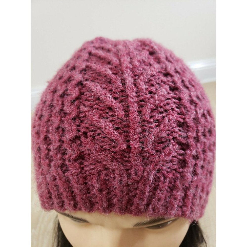Raspberry Red Wool Knit Fisherman Style Beanie Skull Cap Knit Winter - Picture 2 of 7